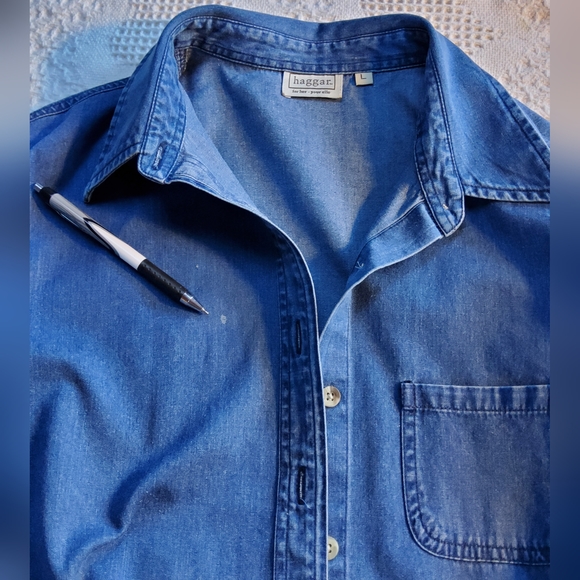 💙 3 for $30 💙 Haggar Blue Denim Shirt - Picture 3 of 6